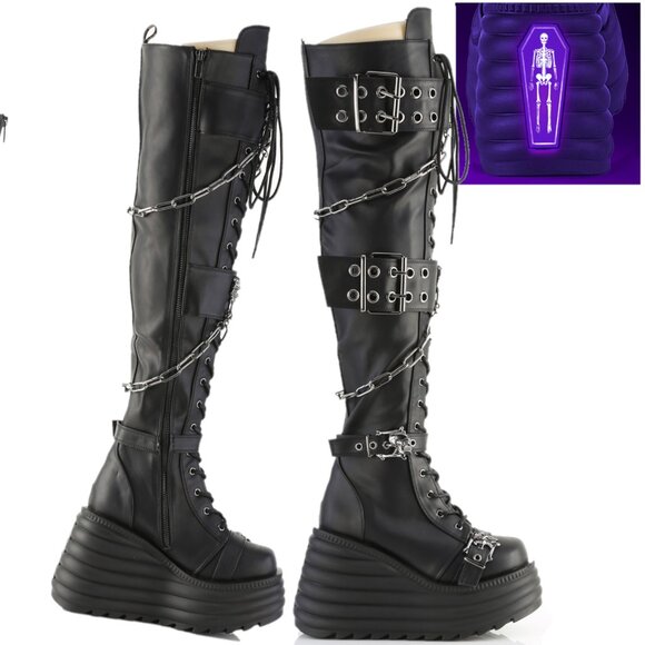 Demonia Morty Thigh High Platform Goth Punk Rocker Boots Stretch Big Buckles - Picture 2 of 10